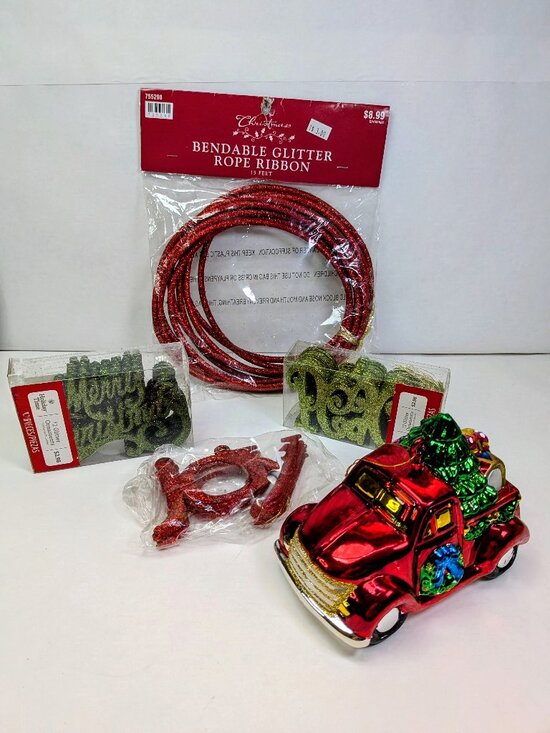 Other - VTG Style Christmas Ornament Lot Red Truck Merry Christmas Joy Green Metallic